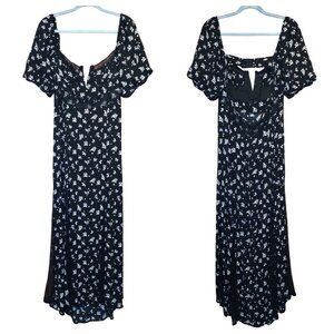 Forever 21 Black Maxi Dress with White Floral Print and Puff Sleeves
